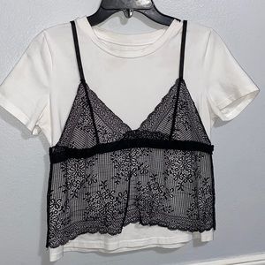 SHEIN Contrast Floral Lace Cami Overlay T-shirt Size:S